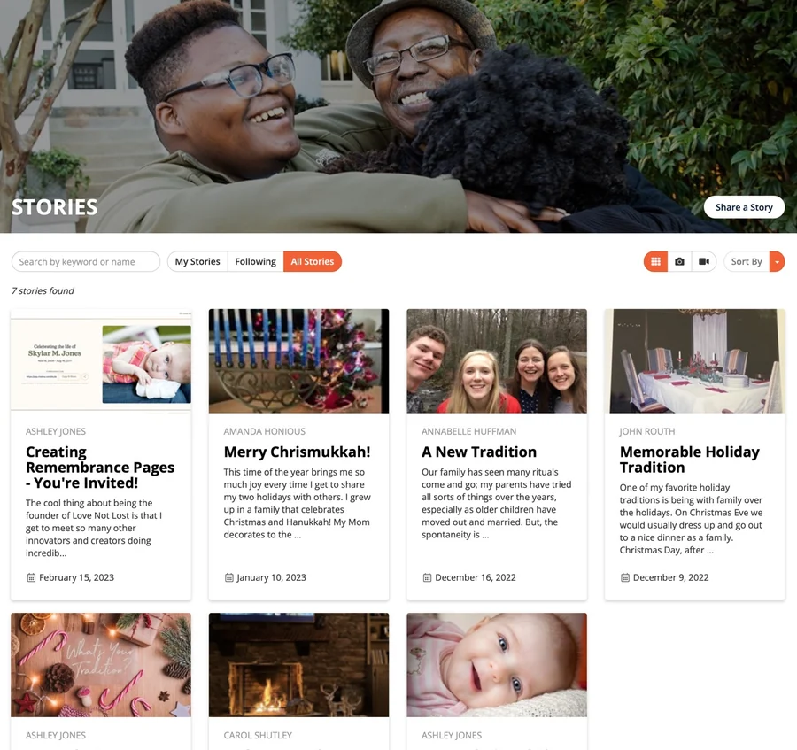 A community stories feed with member stories and photographs