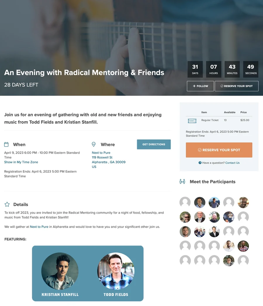 An event page with ticket options, a countdown and registered participants