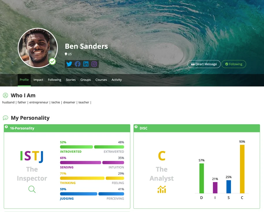 A member profile page with 16-Personality and DISC assessment results