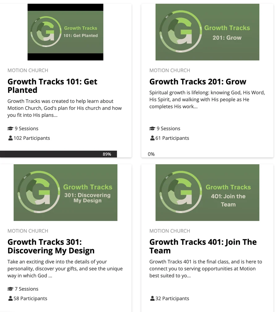 A church growth track with four courses, each showing its sessions and participant count