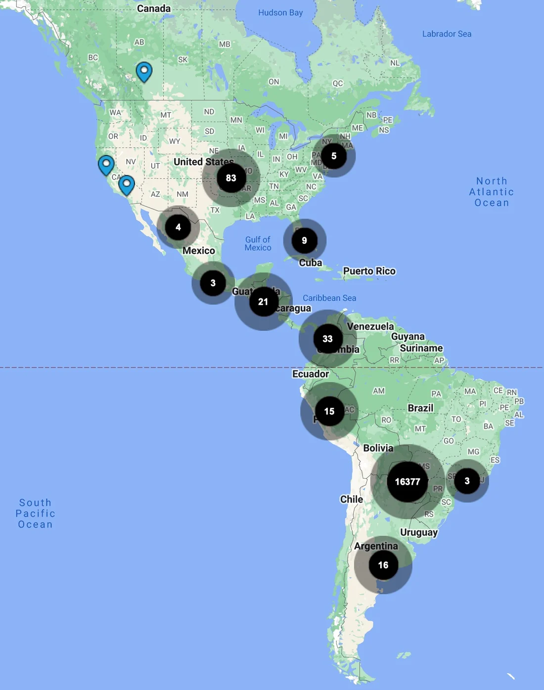 A map of member locations across the Americas with clustered counts by region
