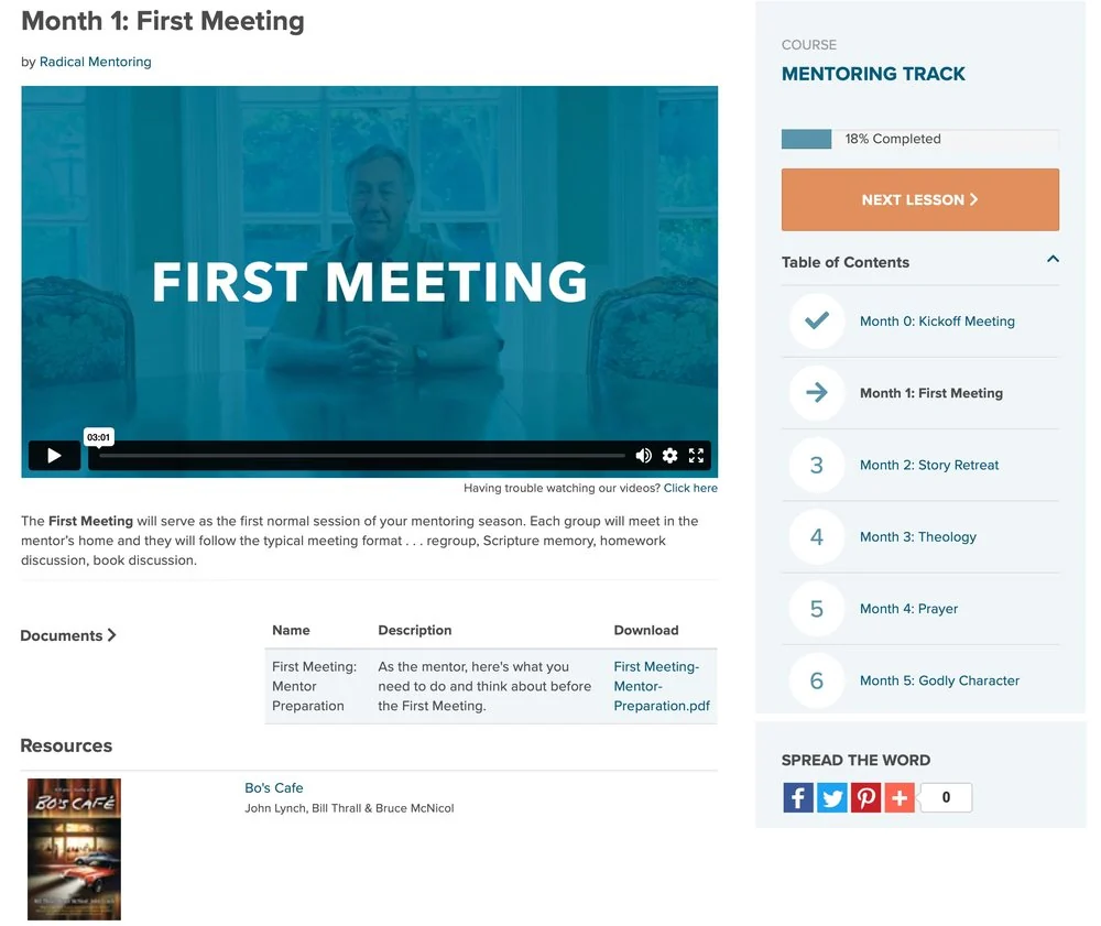 A mentoring track course with its lesson plan and month by month table of contents