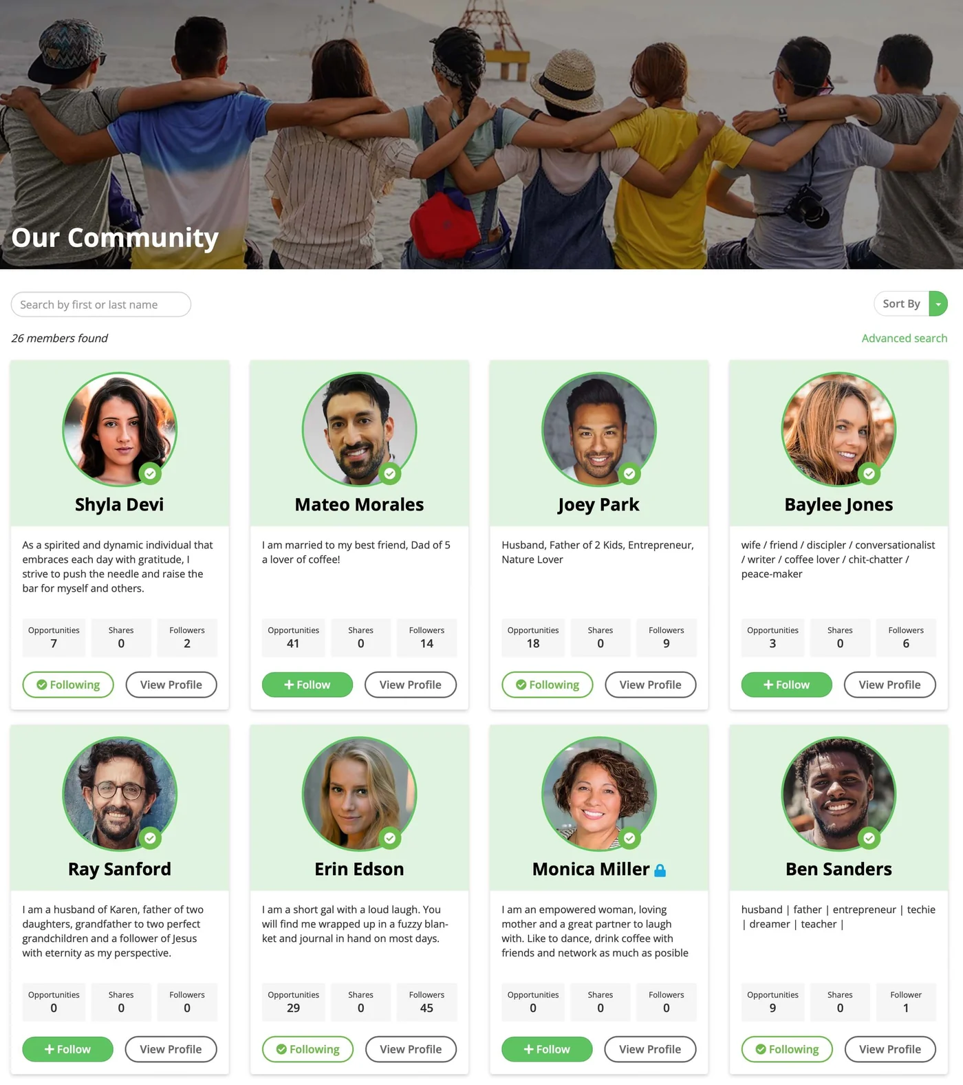 A searchable community member directory, each card showing a photo, a short bio and counts of opportunities, shares and followers