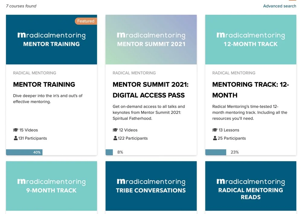 A library of training courses with participant and completion counts