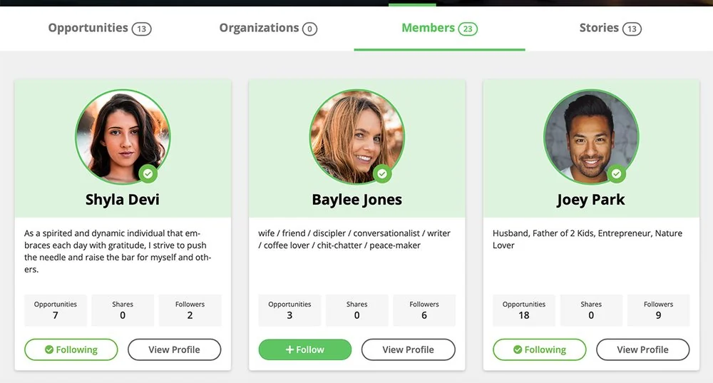 Suggested member matches shown as profile cards